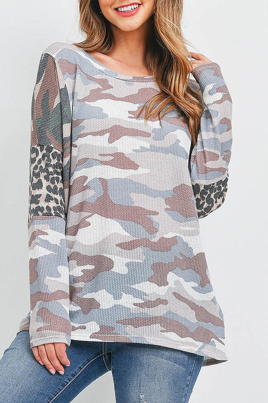 Camouflage leopard elbow long sleeve top (EF1875)