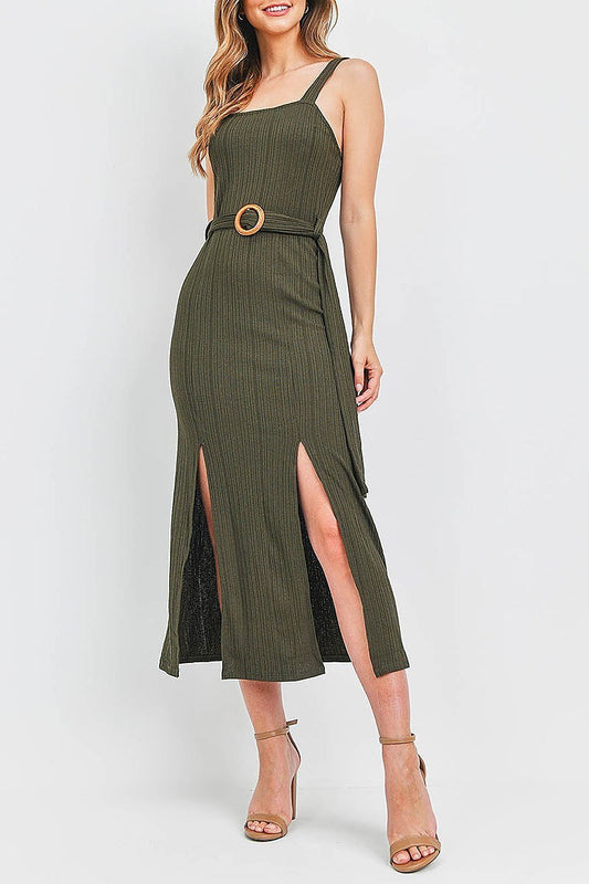 Self belted slit midi dress (DED6654)