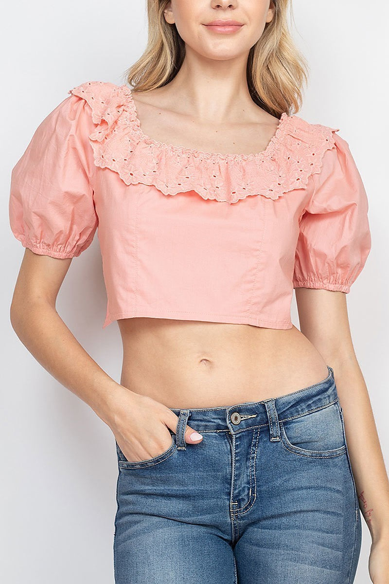 Square neck eyelet ruffle puff sleeve crop top (EF1845)