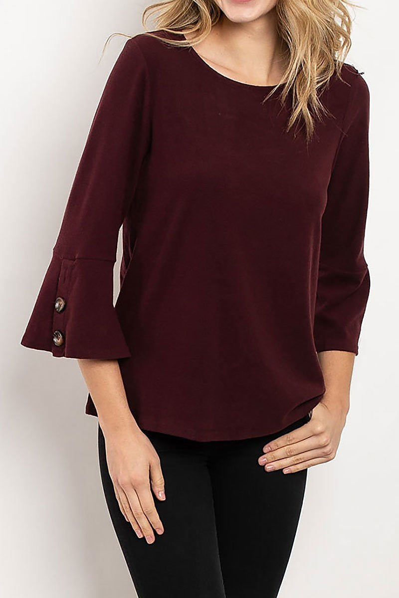 Button trimmed bell sleeve round neck top (ED7939)