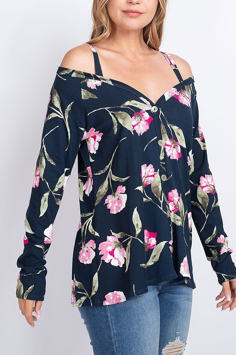 Off shoulder floral print button front top (EF1911)