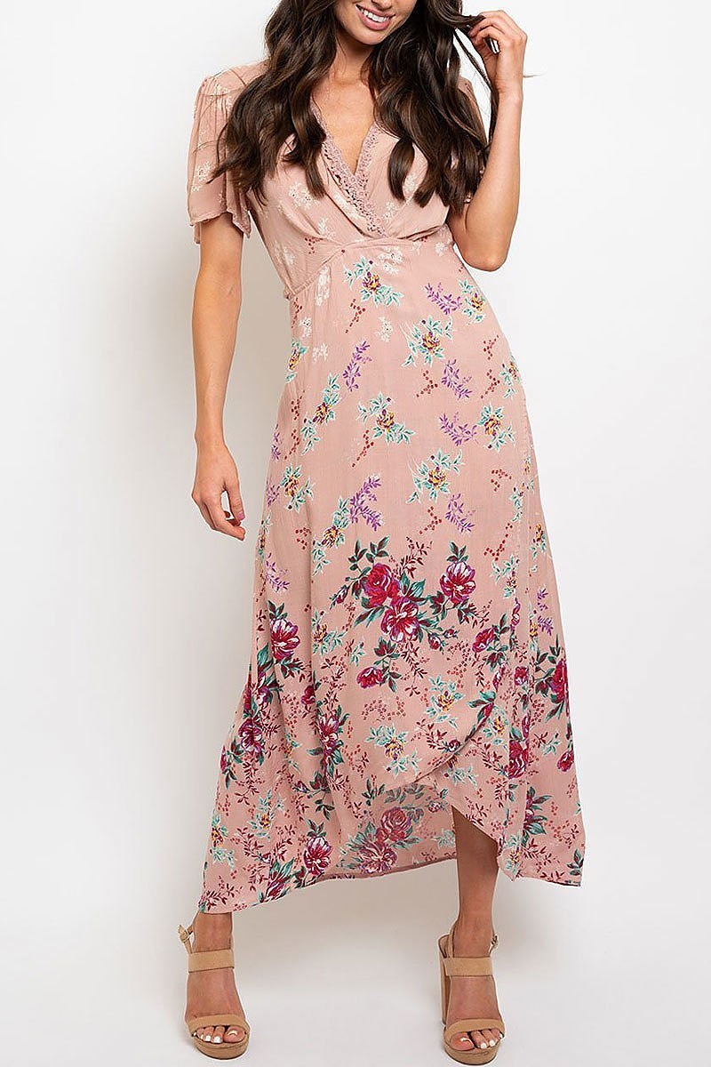 Floral print lace trimmed flutter sleeve dress (EDWT2245)