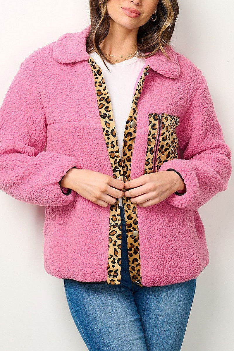 Button closure animal print sherpa jacket (EFWT7000)