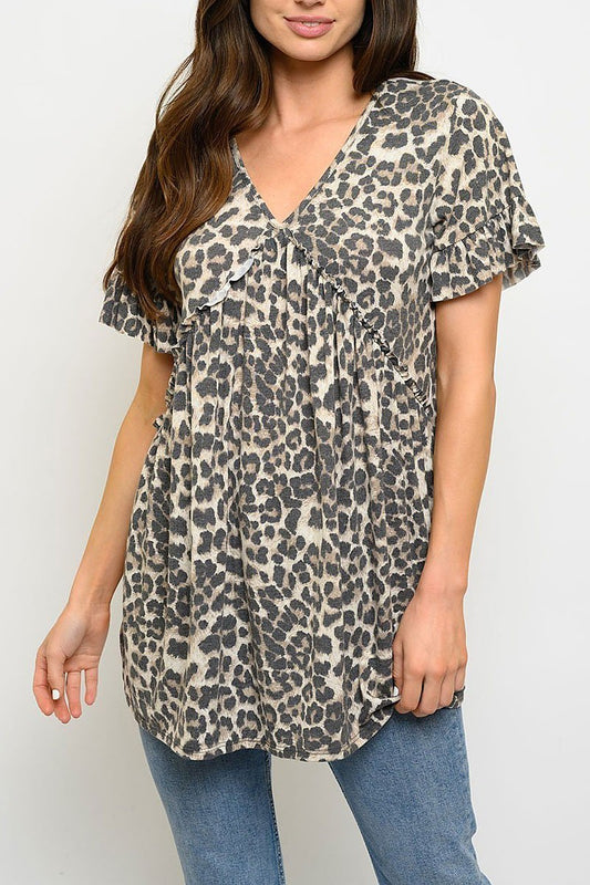 V neck ruched detail animal print top (EDWT6426)