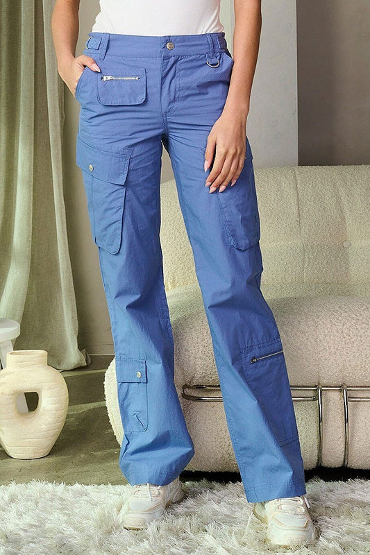 Button closure cargo pockets wide leg pants (EFWT9294-1)