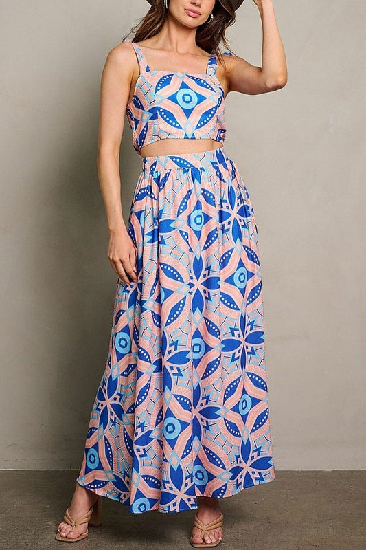 Printed top & button closure maxi skirt set (EGWT1869)