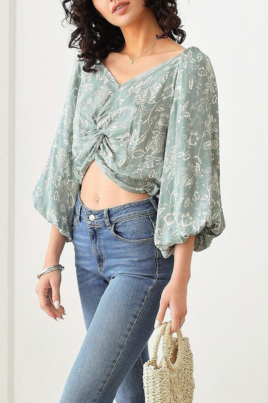 Boho floral print twist front puff sleeve top (TED2641)