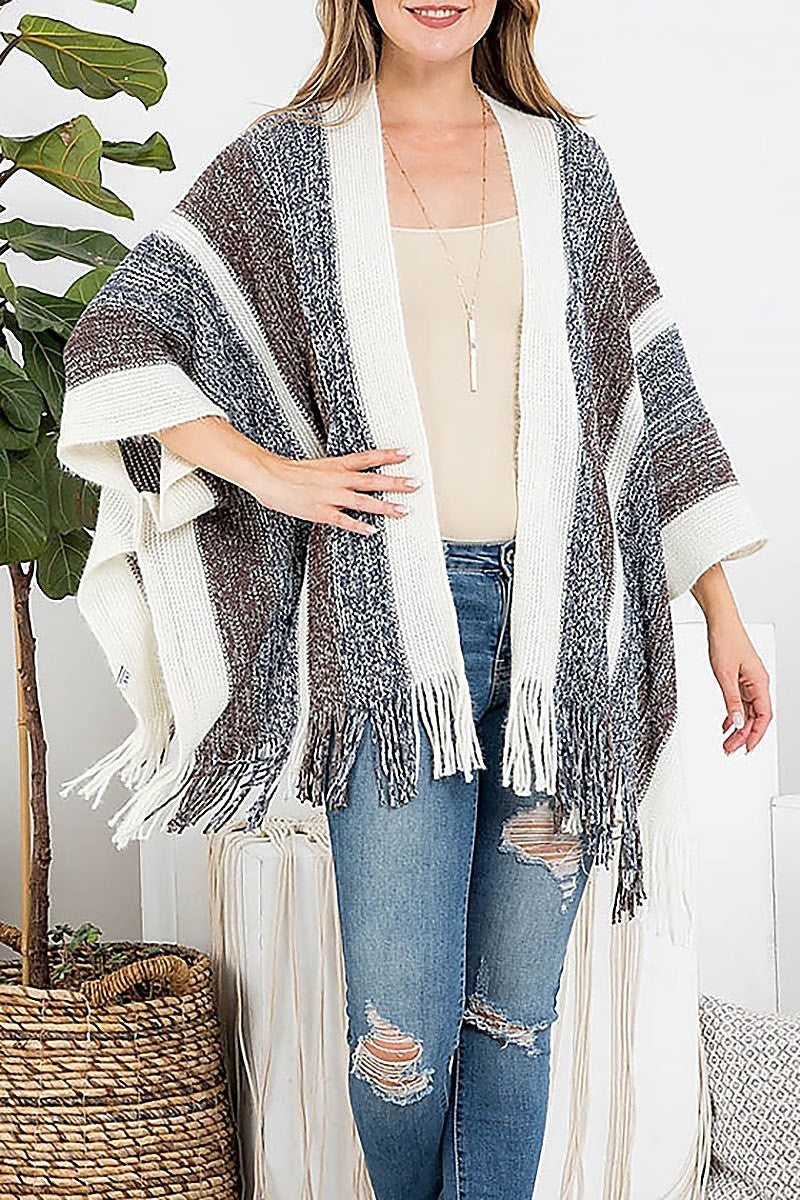 Knit stripe fringe ruana kimono (DGS5421)