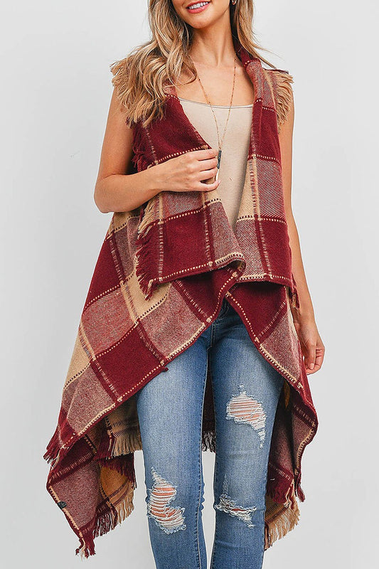 Knit plaid open front kimono vest (EF1747)