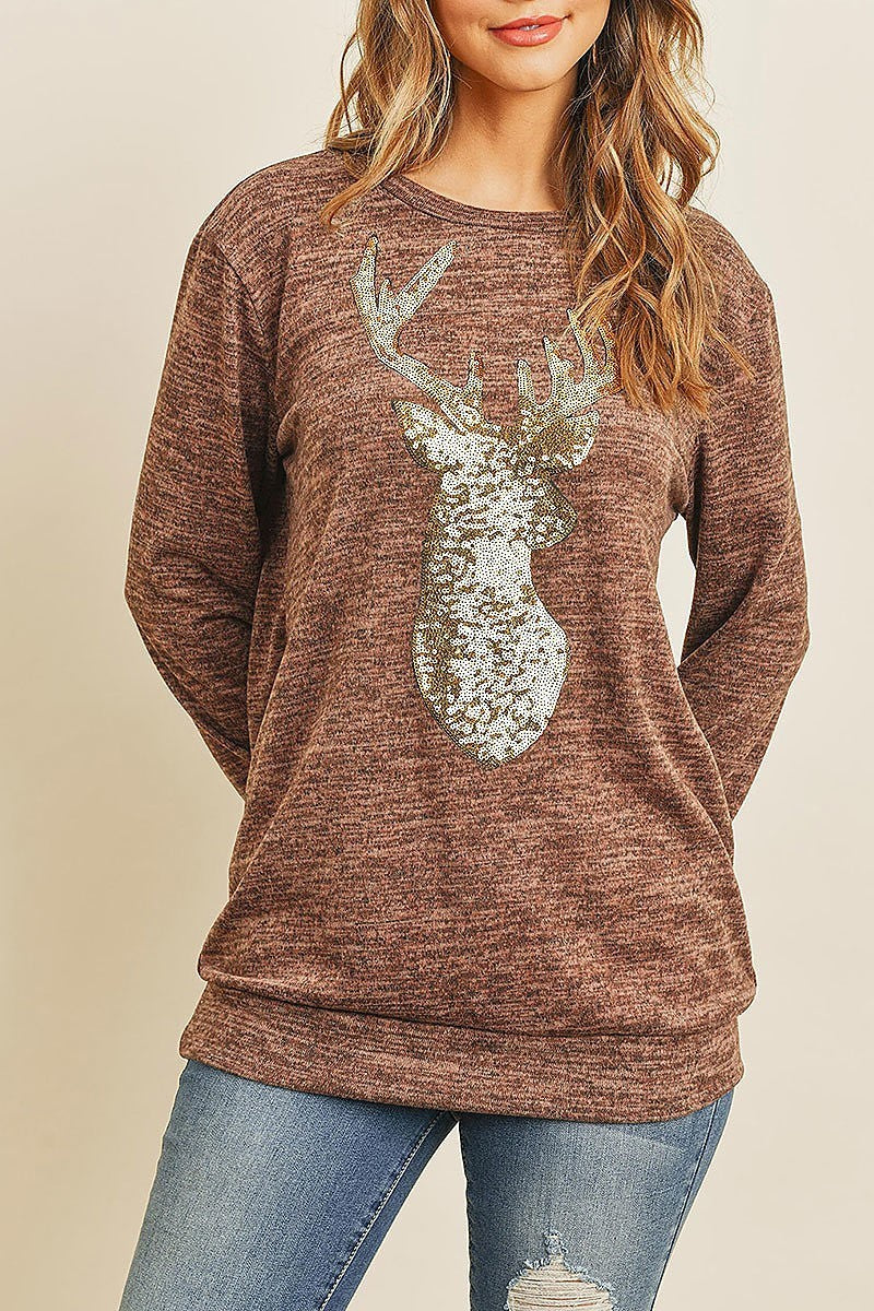 Brushed hacci sequins reindeer shape top (ED8318)