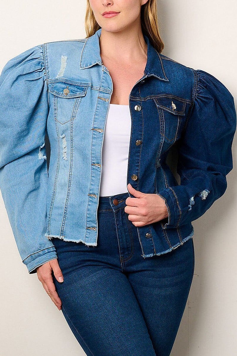 Puff sleeve button closure colorblock denim jacket (EFWT9040)