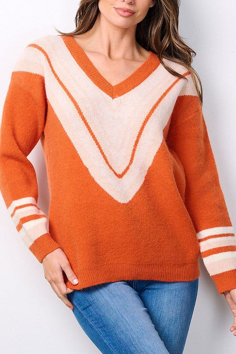 Long sleeve v-neck chevron print sweater (EFWT7496)