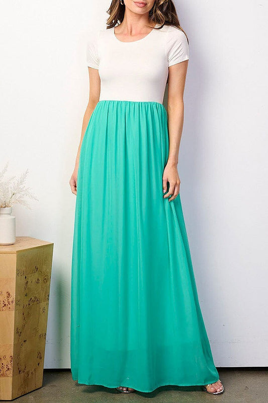 Short sleeve elastic waist colorblock maxi dress (EFWT8913)