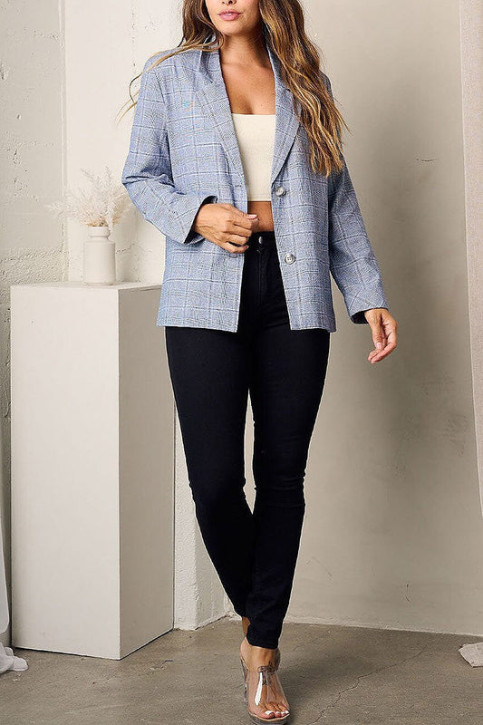 Long sleeve button closure checkers print blazer (EFWT3434)