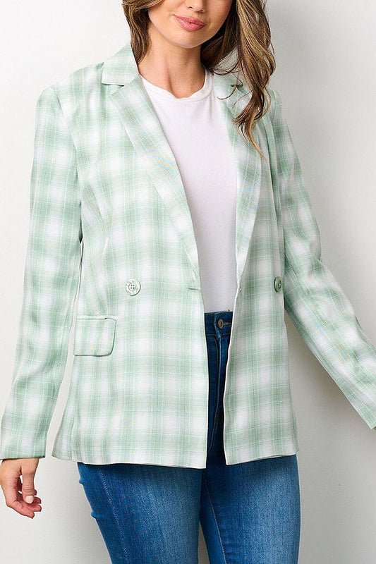 Long sleeve colorblock button closure plaid blazer (EFWT7897)