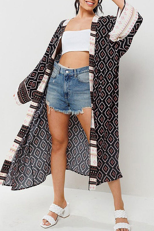 Long sleeve open front multi print kimono (EFWT9546)