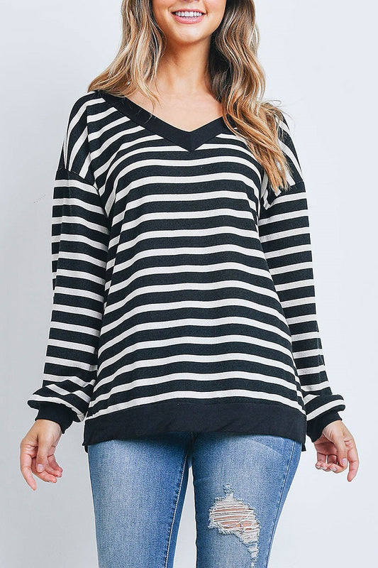 V neck long sleeve stripes top (EF7895)