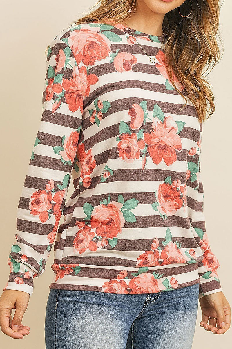 Floral stripe crew neck top (ED7784)