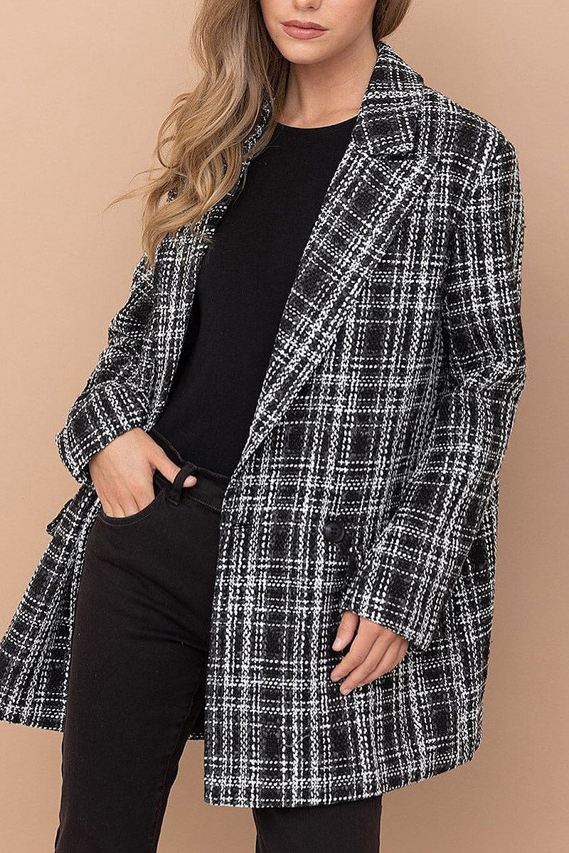 Long sleeve button closure pockets plaid blazer (EFWT4634)