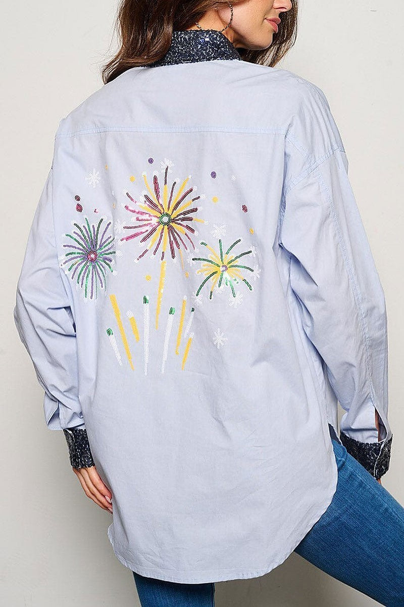 Long sleeve button up sequins graphic blouse top (EGWT1134)