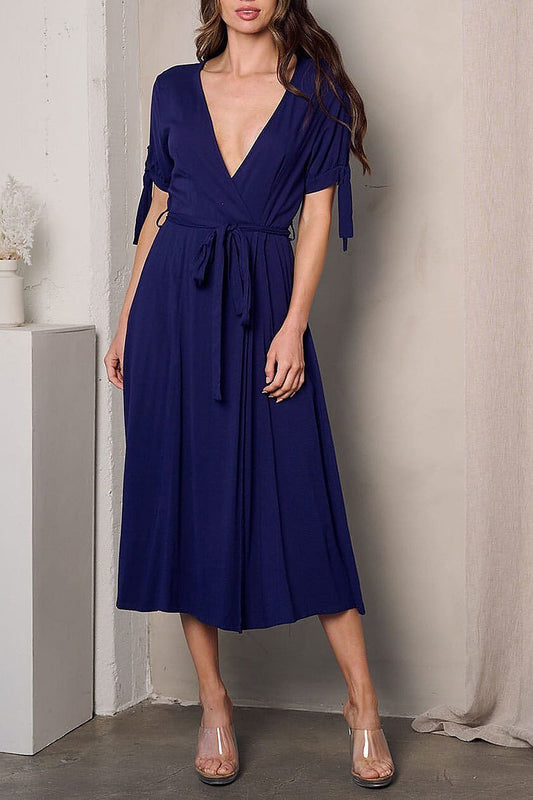 Short sleeve surplice self tie midi dress (EFWT2799)