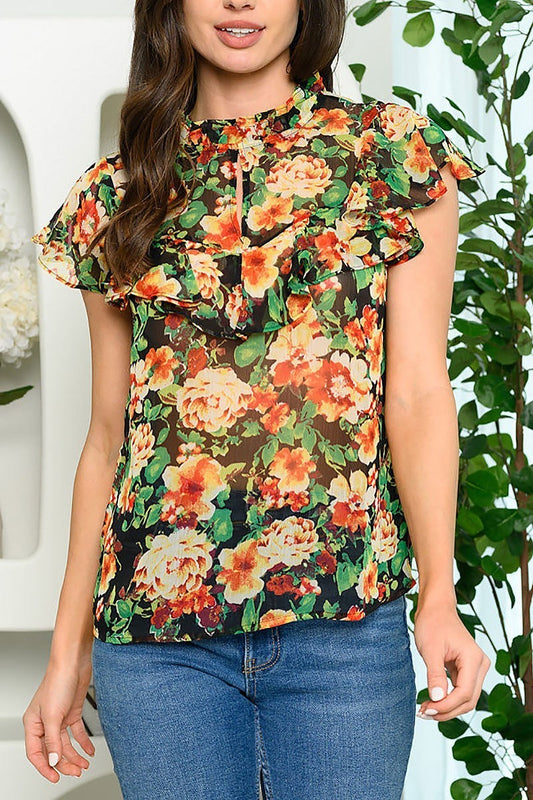 Short sleeve ruffle floral top (EDWT5811)