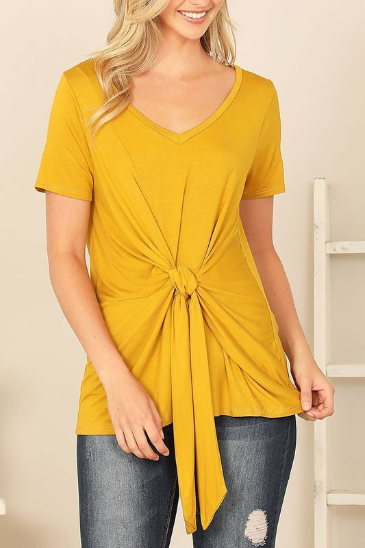 Short sleeve v-neck twist front solid top (EF7729)