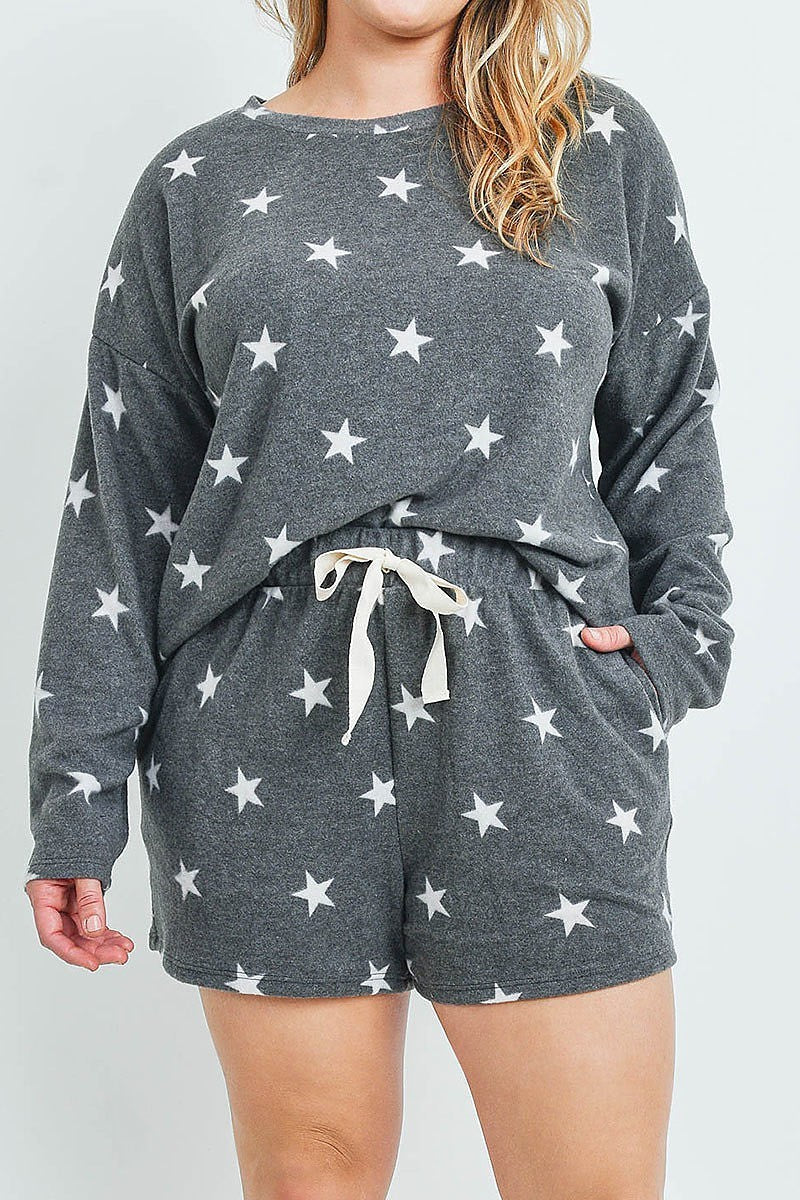 Long sleeves top and short plus size set star print with self tie (XDG7032)