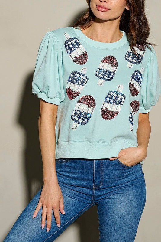 Puff sleeve ice cream sequins print blouse top (EFWT9833)