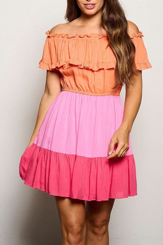 Off shoulder elastic waist colorblock tiered dress (EGWT1393)