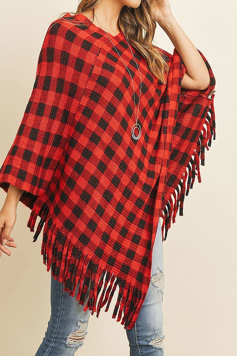 Fringe detail buffalo plaid poncho kimono (DGS4956)