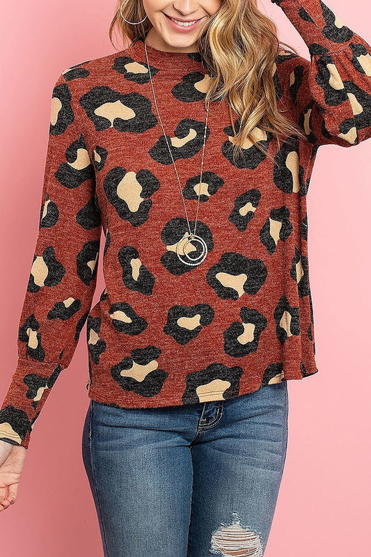 Puff sleeve high neckline leopard top (ED8142)