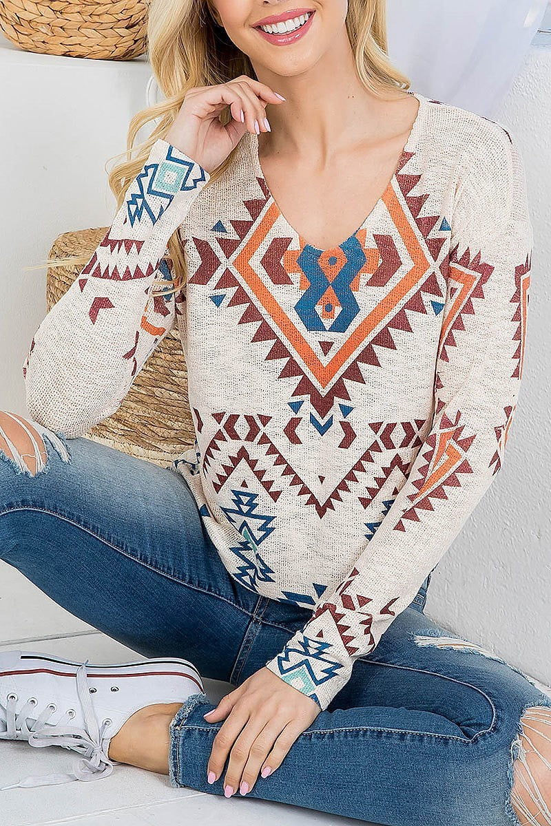 Aztec print v neckline long sleeve knitted top (EF3672)