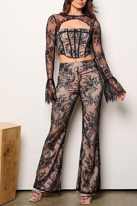 Long sleeve crop top & wide leg pants lace 2pc.set (EFWT9336)