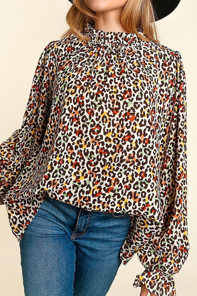 Frilled mock neck animal print button top (ETBM4030)