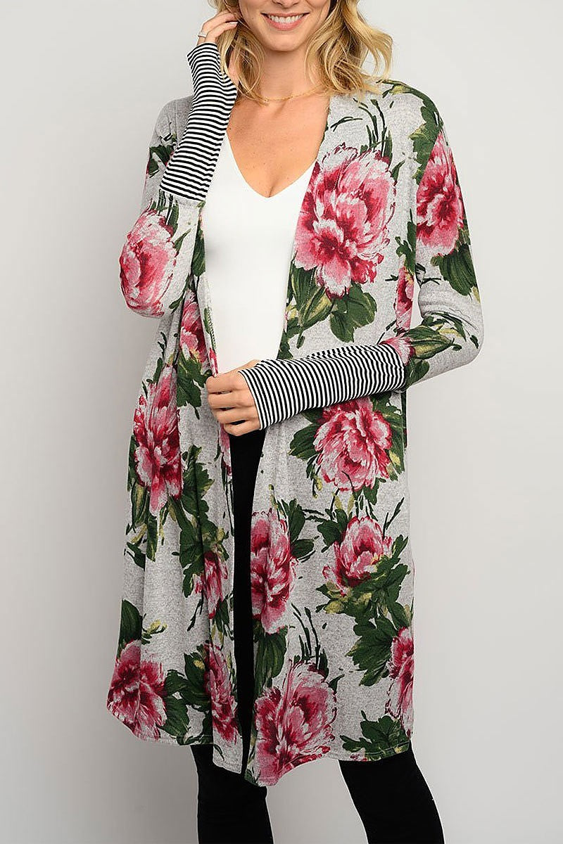 Floral print stripes long sleeve cardigan (EDWT3254)