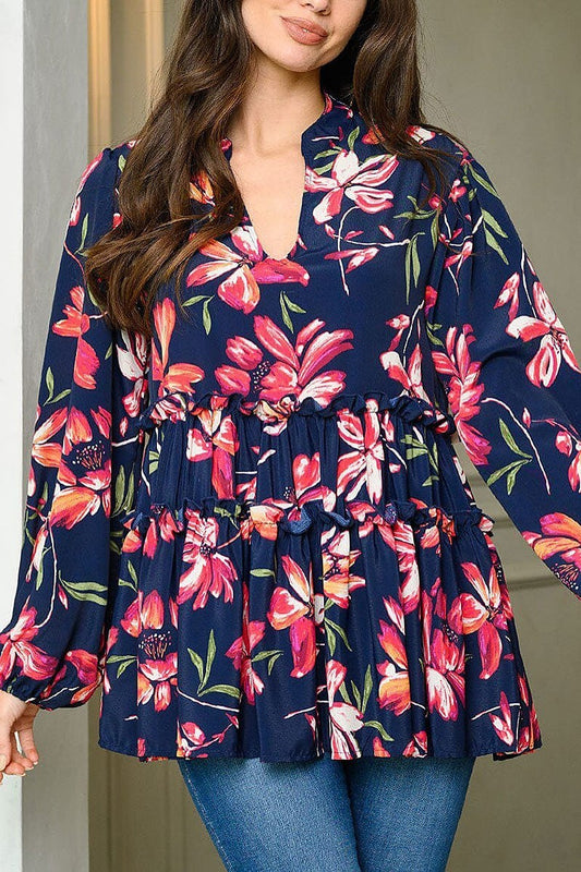 Puff sleeve v neck floral print tunic top (EDWT9029)