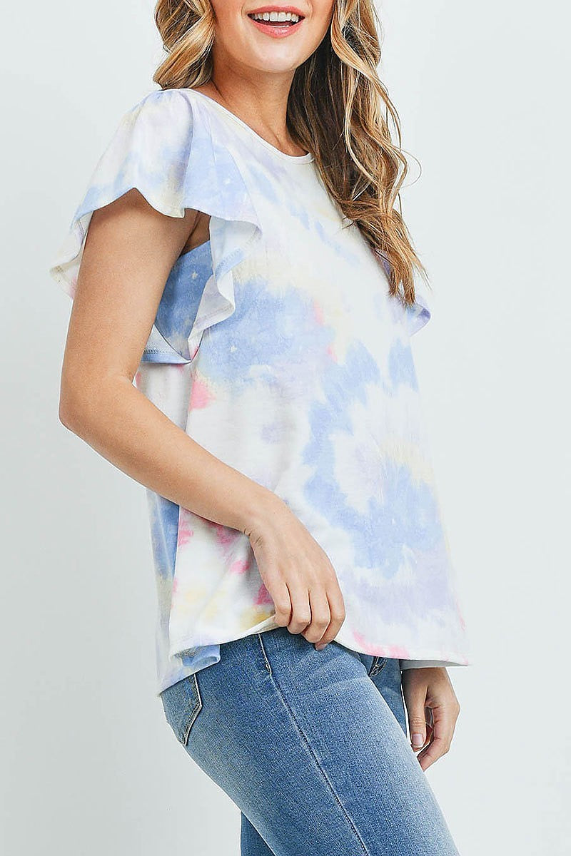 Tie dye flutter sleeve round neck top (ED9626)