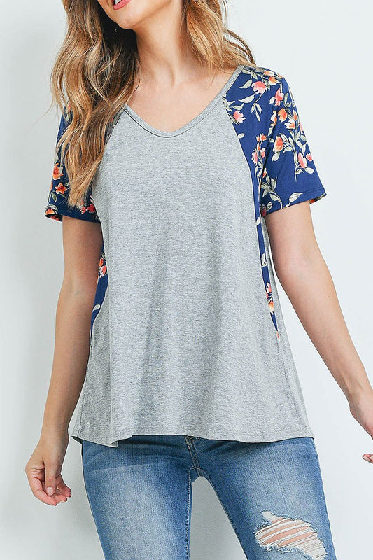 Floral print v neck color block top (ED9599)