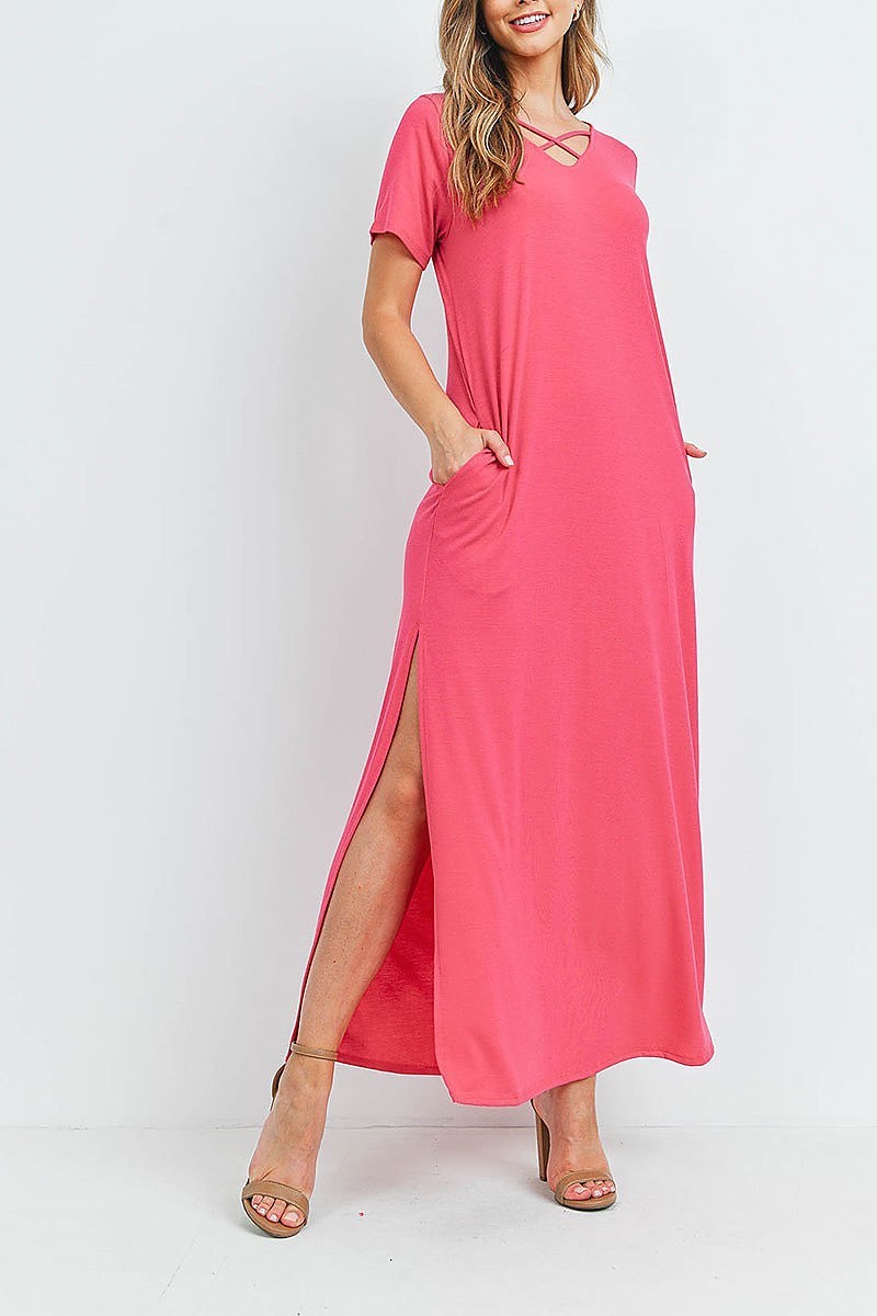 Crisscross neck short sleeve maxi pocket dress (DED6217)