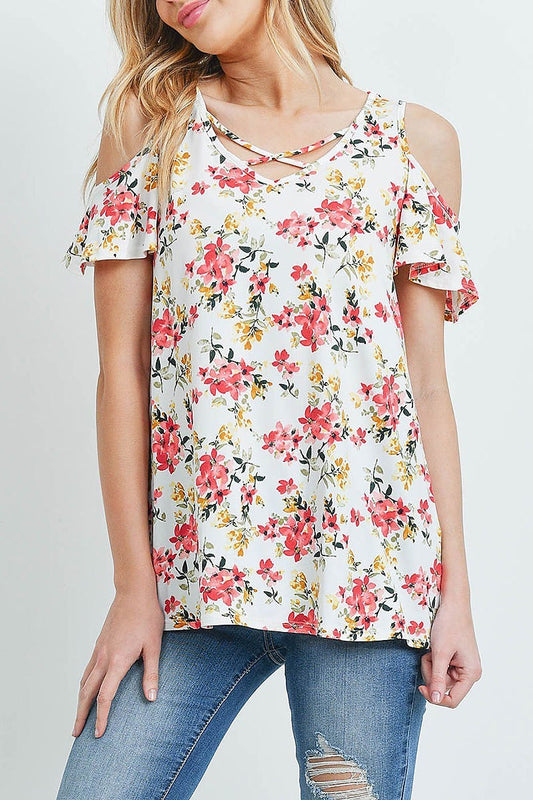 Floral cold shoulder crisscross neckline top (ED8831)