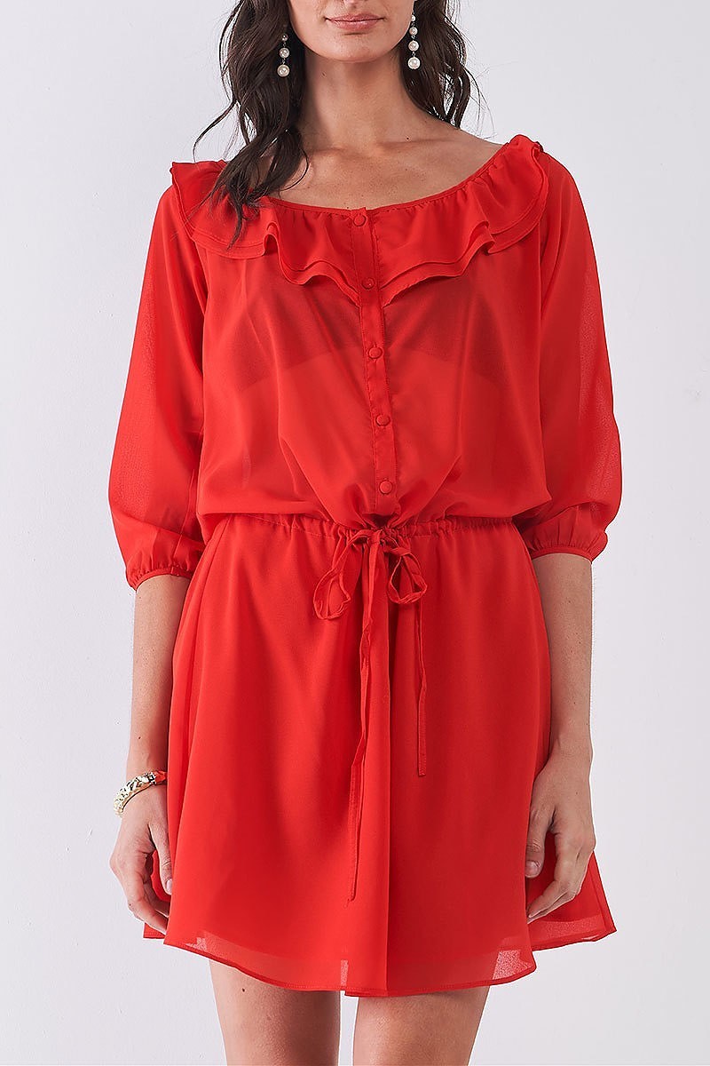 Button front ruffle detail bubble sleeve dress (TDG8382)