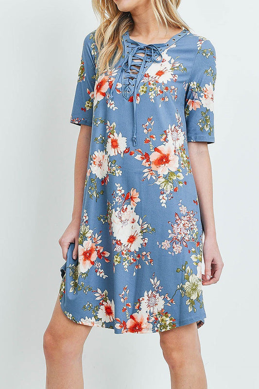 Lace up detail floral print tunic dress (DED5914-LAST)