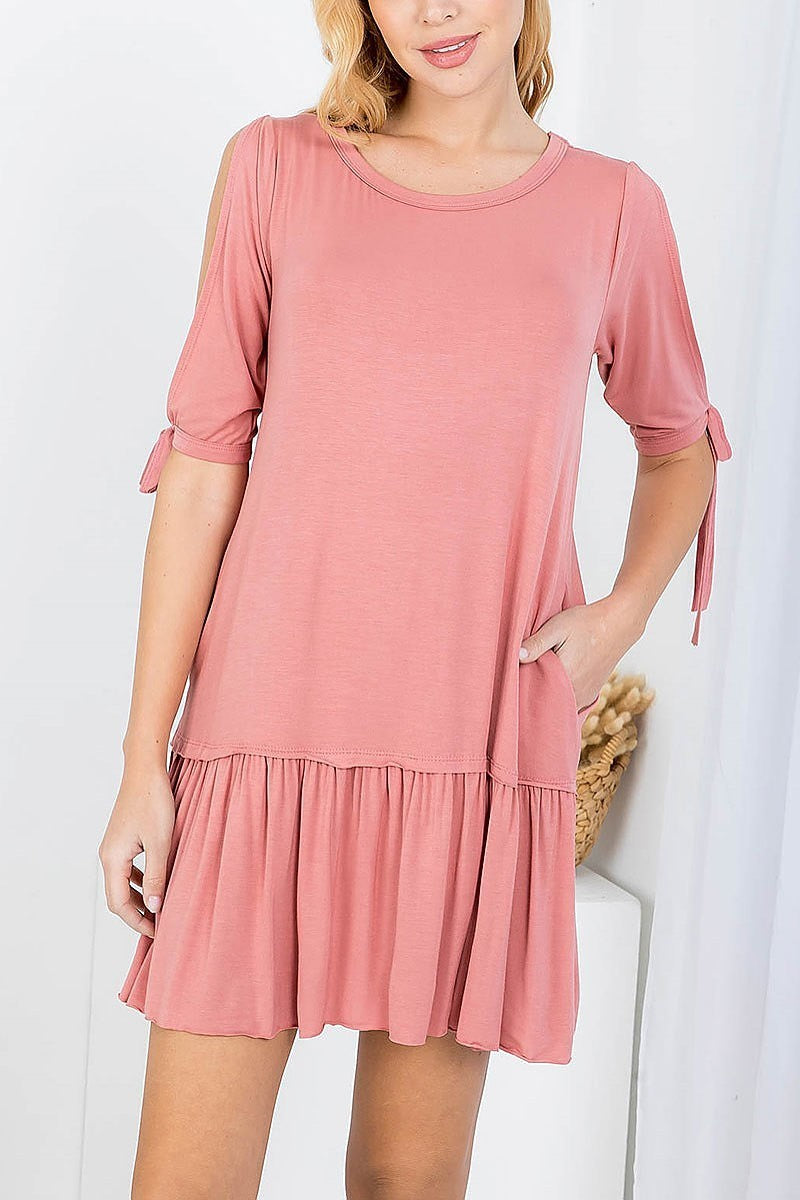 Open tie sleeve ruffle hem dress (DED7723)