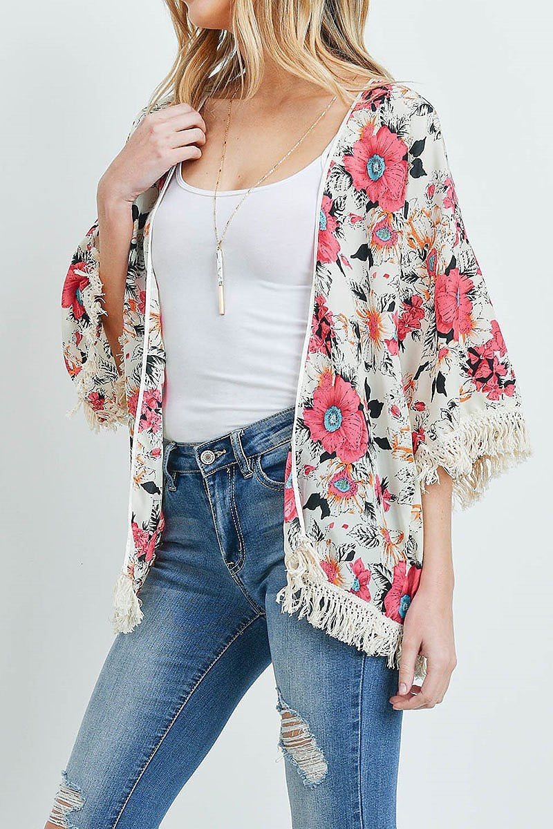 Open front hip length floral kimono (ED8855)