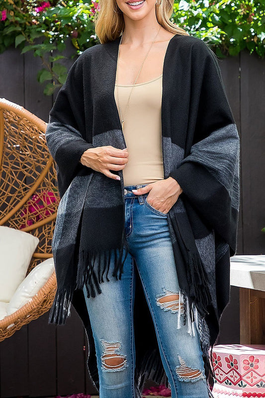 Border line fringe warmer kimono wrap (DGS5837)