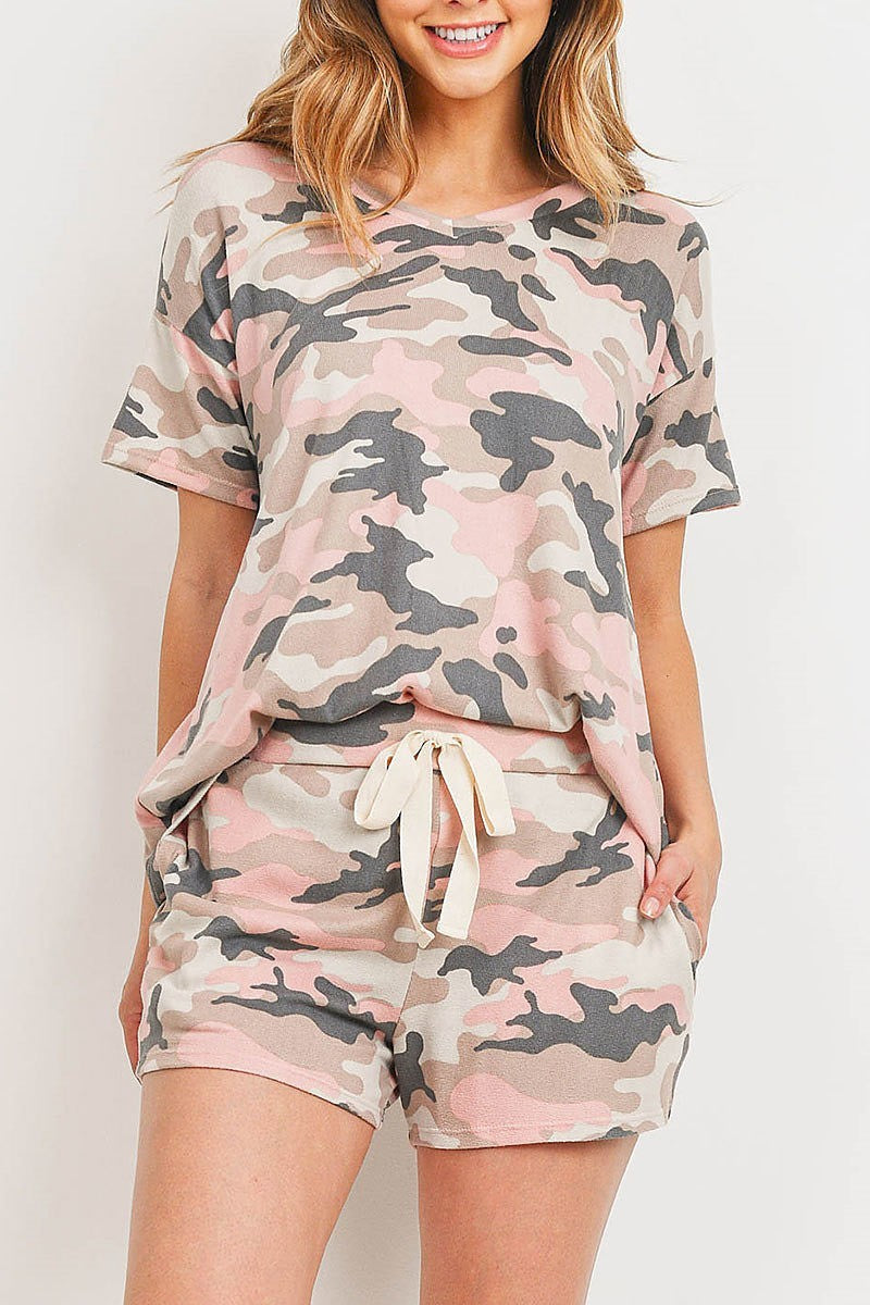 Camouflage v neck top and shorts set with self tie (ED9408)