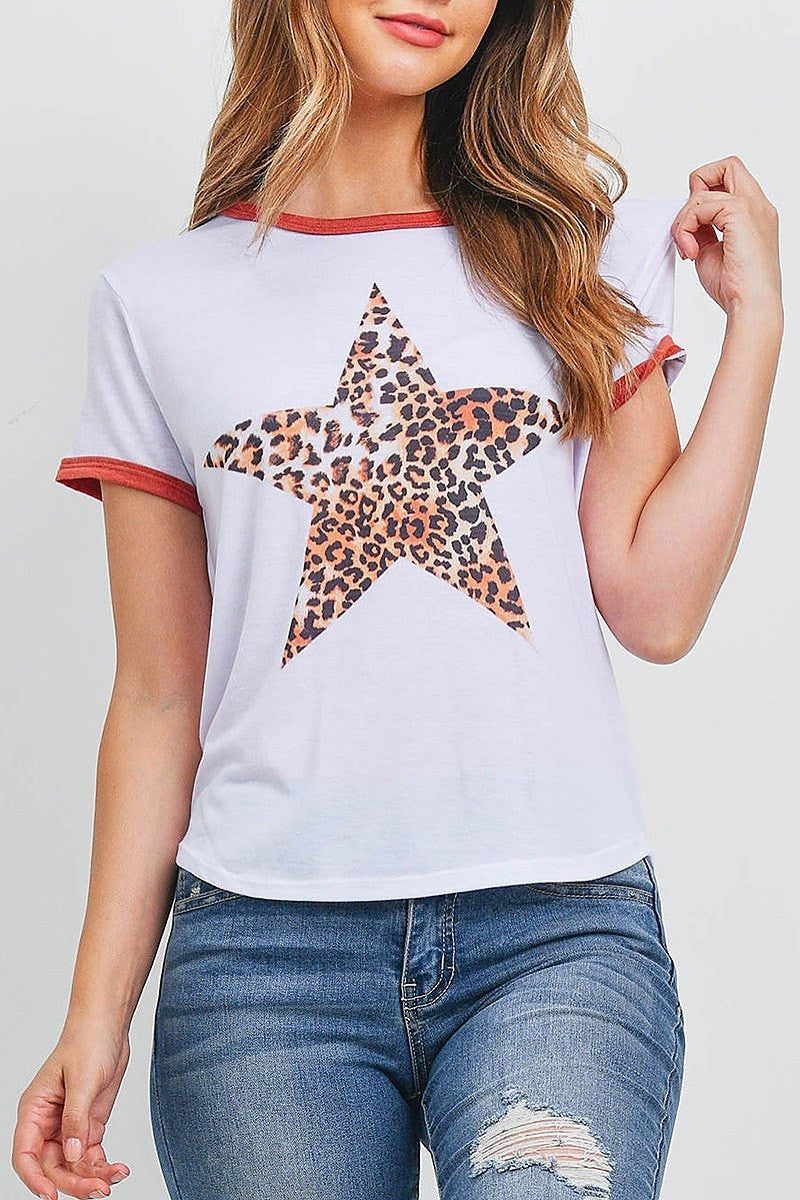 Star leopard print round neck top (EF3061)