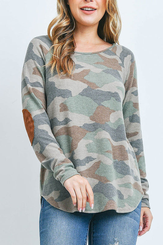 Suede elbow patch long sleeve camo top (EF2538)