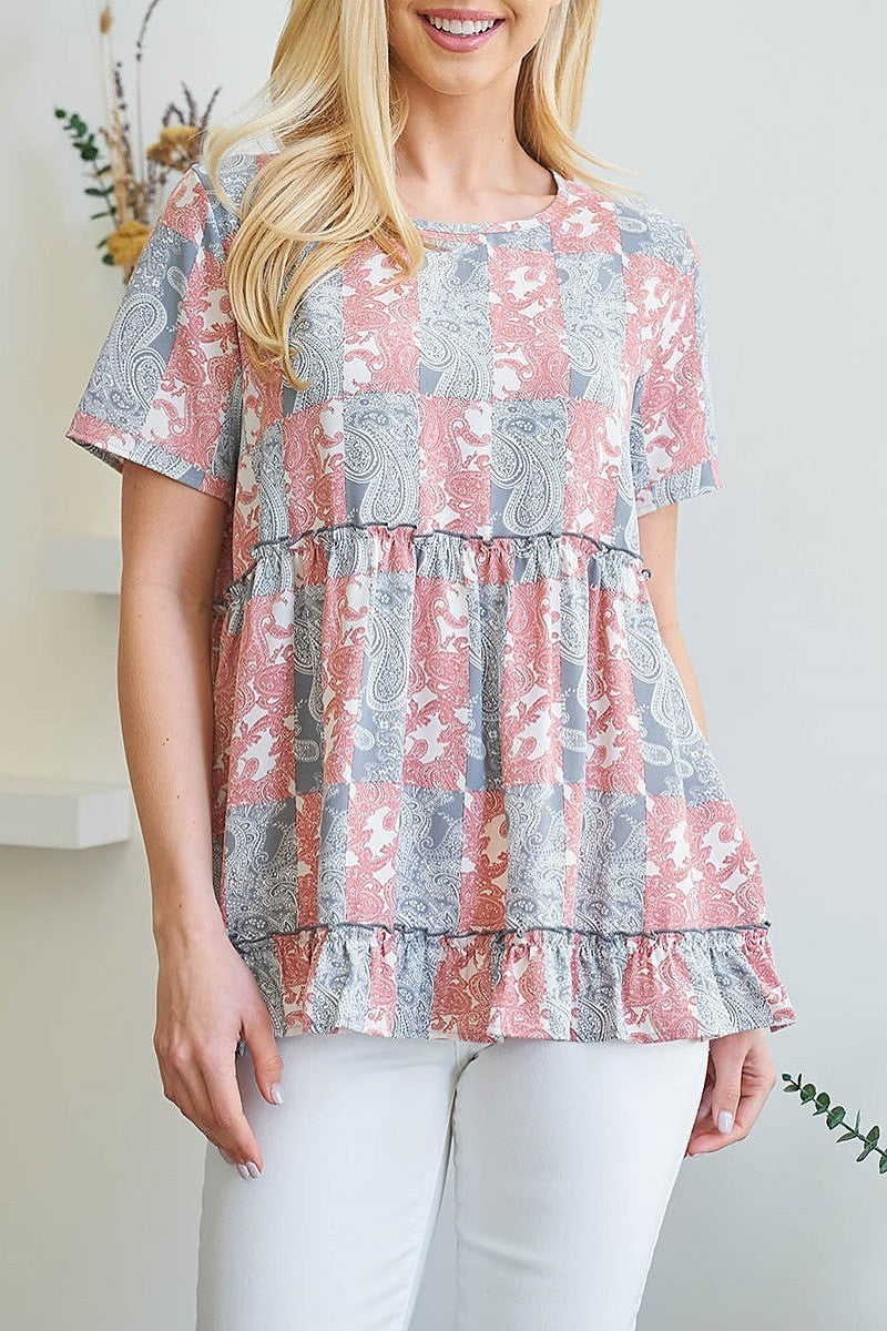 Paisley print merrow frill detail top (EF3542)